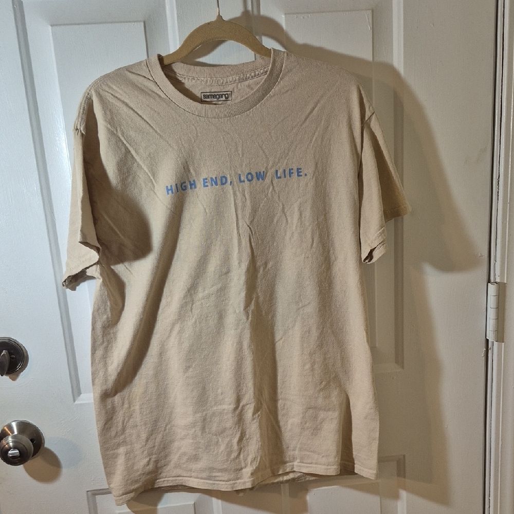 Samegang Tan Short Sleeve Tee with Blue Text Size L